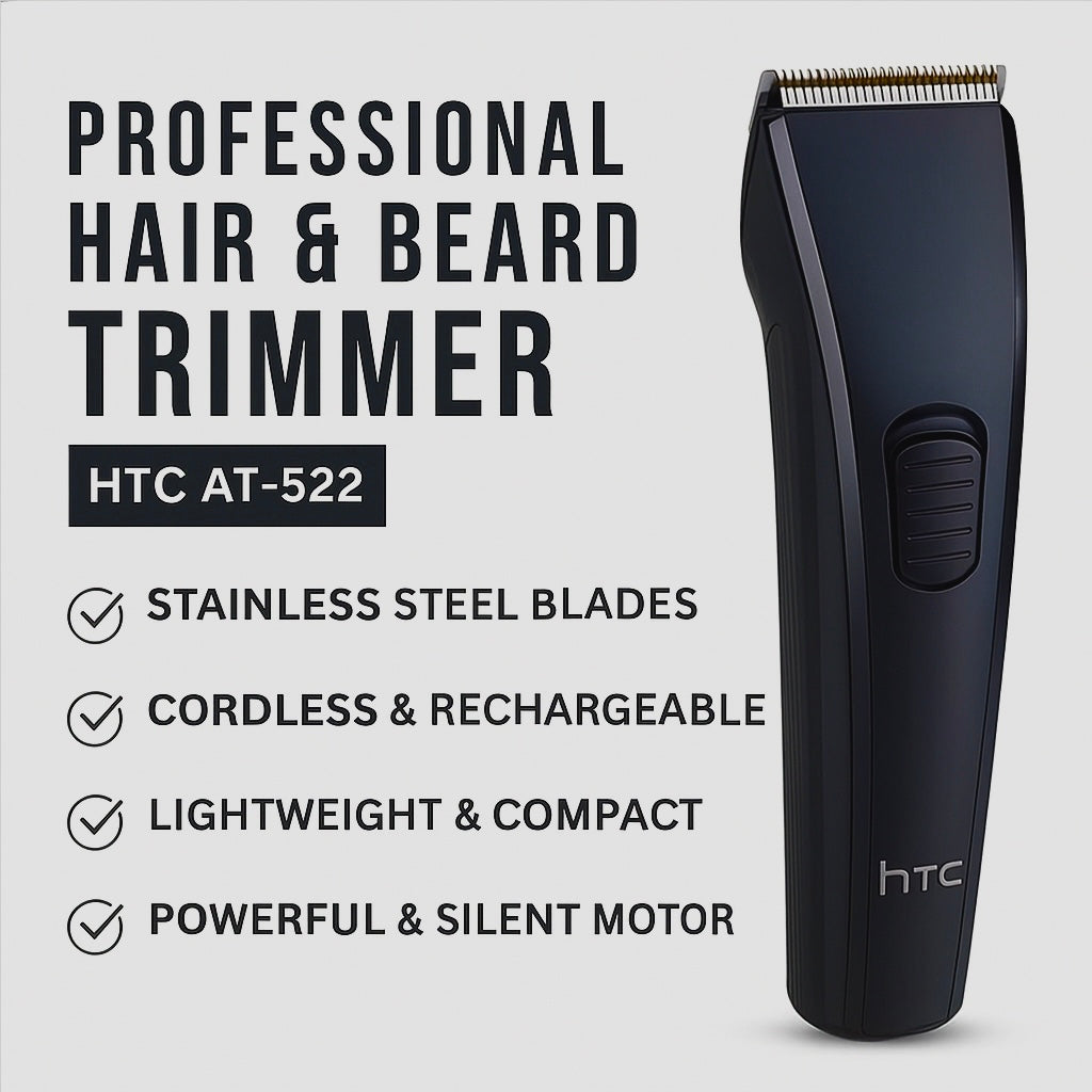 HTC AT-522 Professional Rechargeable Hair & Beard Trimmer | Cordless Grooming Kit with Adjustable Blades